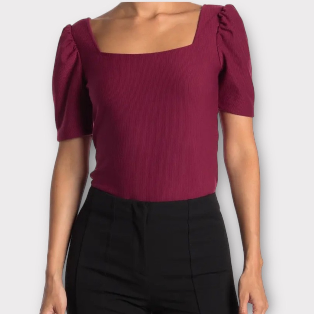 Club Monaco Womenβs Blouse Top Large Puff Short Sleeve Crepe Rich Burgundy NWT